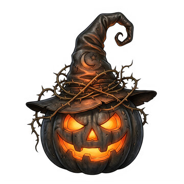 Spooky carved halloween pumpkin wearing a dark witch hat with glowing eyes