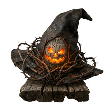 Spooky glowing pumpkin head wearing a dark witch hat and wooden base for halloween decoration