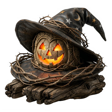 Spooky glowing pumpkin jack-o-lantern wearing a black witch hat for halloween celebration