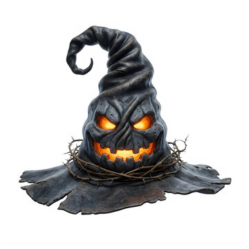 Spooky dark witch hat with glowing evil pumpkin face for halloween decoration