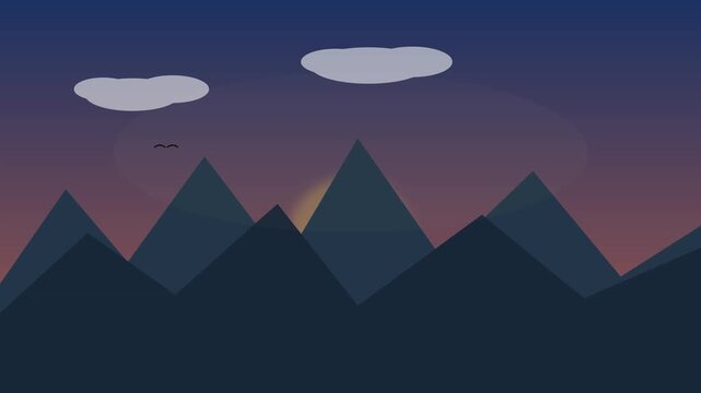 Mountains stand as sharp triangular silhouettes against a colorful sunset sky featuring fluffy floating clouds.