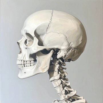 Human skull and cervical spine anatomical model side view.