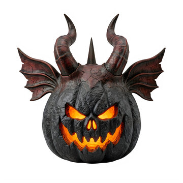Scary black halloween pumpkin with devil horns and bat wings isolated on a transparent background