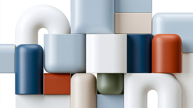 Organic geometric pattern combining rounded rectangles and flowing arcs, muted earth tones, soft matte finish, contemporary interior design inspiration, premium background