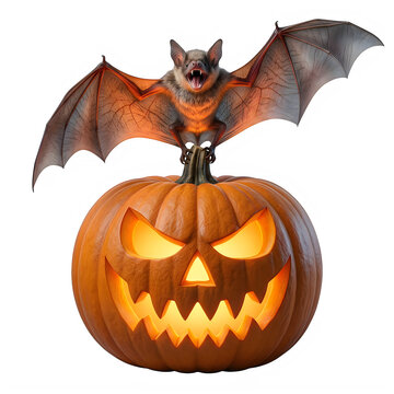 Spooky halloween pumpkin lantern with a bat sitting on top isolated on a transparent background