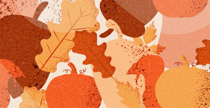 Modern autumn background with leaves, acorns, pumpkins, and turkey.	
