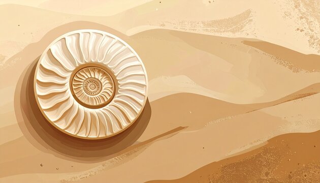 Fossilized ammonite shell on sandy desert background.