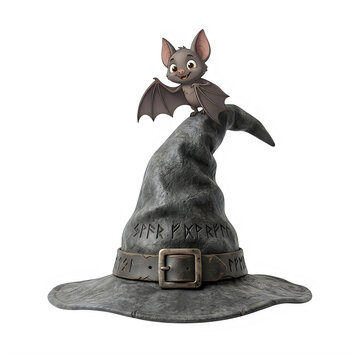 Cute little bat sitting on a pointy black witch hat for halloween celebration