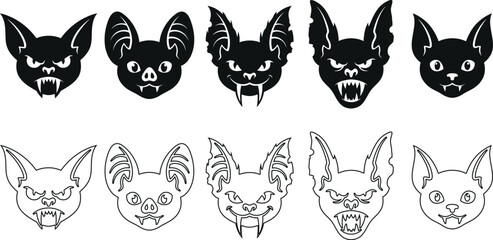 Obraz premium Set of various scary bat head icons in a bold black and white silhouette