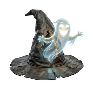 Little happy ghost coming out of a brown old witch hat