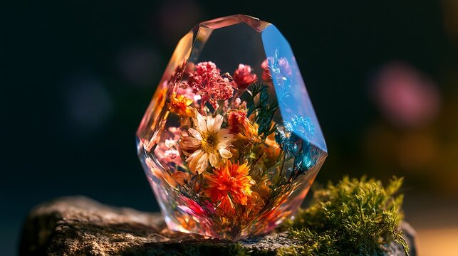 Geometric resin paperweight with preserved colorful dried flowers inside.