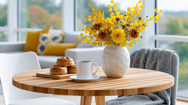 Kanelbullens dag. Scandinavian breakfast table with cinnamon buns coffee autumn flowers and cozy hygge interior in bright modern home
