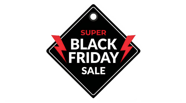 A diamond shaped super black friday png sale tag with red lightning bolts and white text presented as an isolated object on transparent background isolated on transparent background