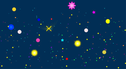 Naklejka premium Festive party backdrop featuring bright multicolored shapes, fireworks burst, and star confetti on night blue