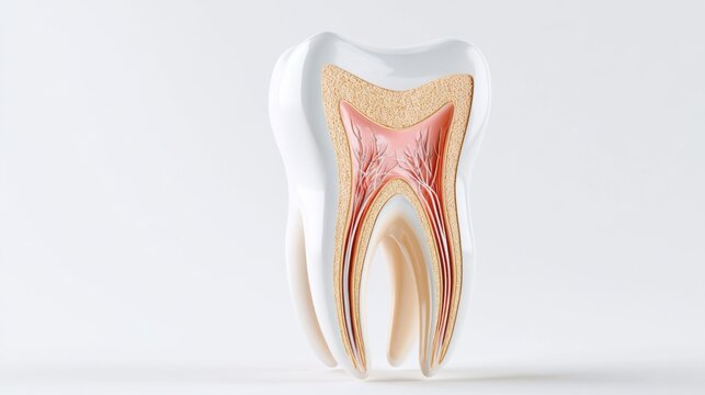 A detailed anatomical illustration of a human tooth, showing its inner structure including the pulp, dentin, and enamel