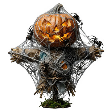 Spooky halloween pumpkin scarecrow covered in spider webs