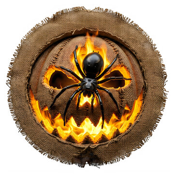 Spooky halloween pumpkin face with fire and black spider isolated on a transparent background