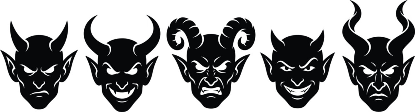 Collection of various scary devil and demon faces in a bold black silhouette