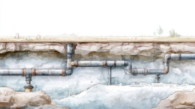 Pipes underground with a cross section showing earth and water