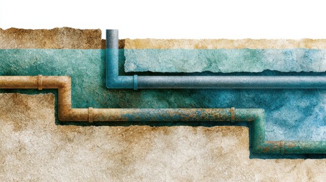 Underground pipes in cross-section, showing layers of soil and water. The pipes are made of different materials, some appearing rusty and others clean