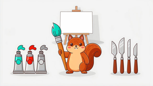 Cute squirrel artist holding paintbrush by blank canvas easel. Illustration features paint tubes and palette knives on white background. Creative art education theme for children's marketing.