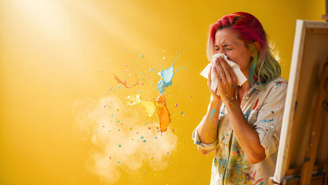 Artist sneezing into a tissue with colorful paint splashes. Creative woman with rainbow hair blowing her nose in a studio. Artistic allergy and health concept for medical marketing.