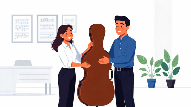 Musicians holding a large cello case in a studio. Man and woman preparing for rehearsal or performance. Instrument transport and music education concept for arts marketing.
