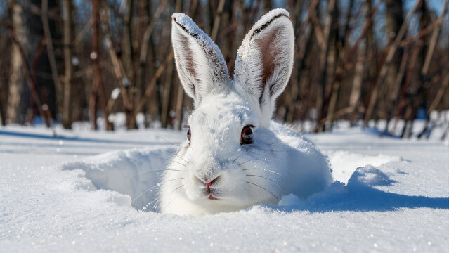 White arctic hare sitting in a snowy burrow in a winter forest. Fluffy rabbit with frosted ears peeking from deep snow. Wildlife survival theme for winter conservation marketing.