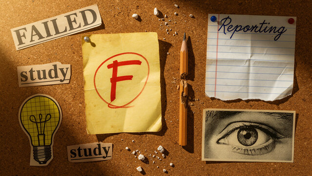 Yellow paper with red F grade and broken pencil on corkboard. Scraps labeled failed and study suggest academic pressure. Educational failure concept, ideal for student mental health themes.