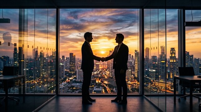 Two businessmen shaking hands in modern high rise office against city skyline sunset