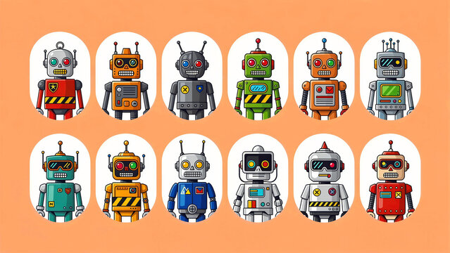 Collection of twelve colorful vintage robot characters. Diverse mechanical android avatars with retro futuristic design elements. Robotics concept, ideal for tech branding and UI icons.