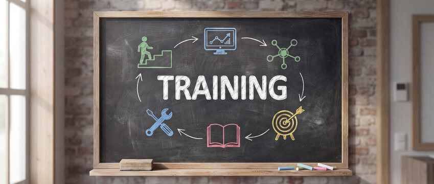 Training blackboard with colorful chalk icons displays a business development cycle on a wooden frame against a brick wall, ideal for corporate coaching, workshops, and skill building banners