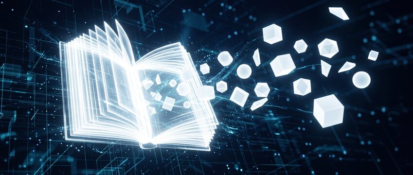 Glowing open book made of light emitting digital information and geometric shapes, representing knowledge, learning, and innovation in the digital age with futuristic background.