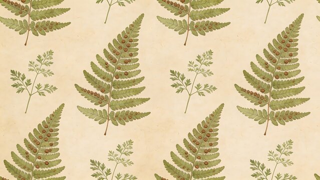 Seamless Pattern of Pressed Fern Fronds with Sori on Textured Paper
