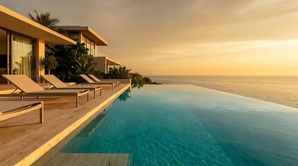 Fototapeta premium Luxurious Infinity Pool Overlooking the Calm Ocean at Sunset on a Tropical Private Villa Terrace