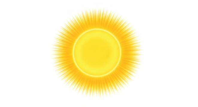 A vibrant yellow sun with radiant rays against a pristine white background