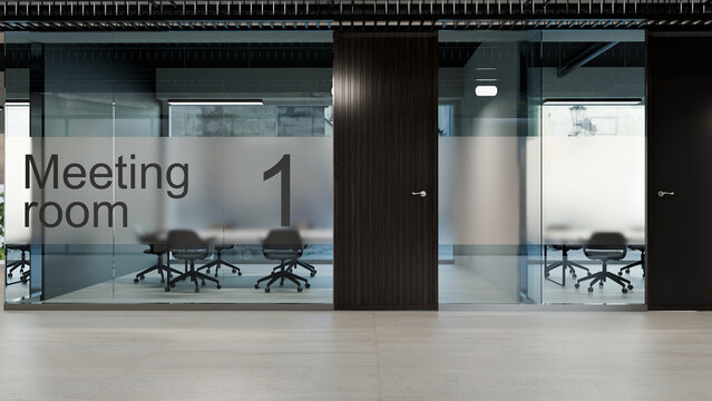 3D Illustration of Modern Business Meeting Room with Glass Wall and Frosted Panel Sign in Corporate Office