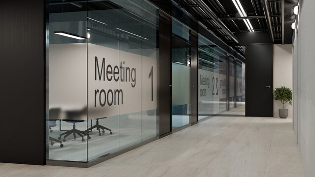 3D Illustration of Modern Business Meeting Room with Glass Walls and Corridor in Contemporary Office