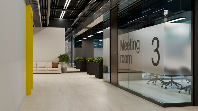 3D Illustration of Modern Business Meeting Room Corridor with Glass Walls and Yellow Accent in Contemporary Office