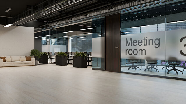 3D Illustration of Modern Business Meeting Room with Glass Partition Wall and Open Office Workspace Interior
