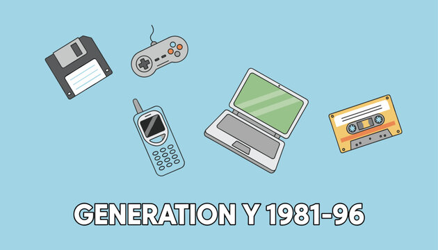 Retro tech icons collection representing Generation Y 1981 to 1996 era