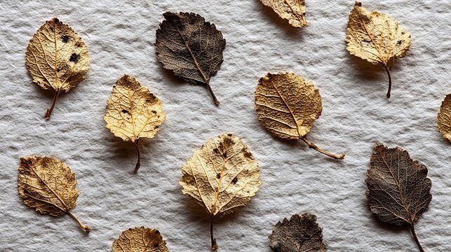 Minimal autumn seasonal flatay featuring natural rustic dried tree leaves over texture background.
