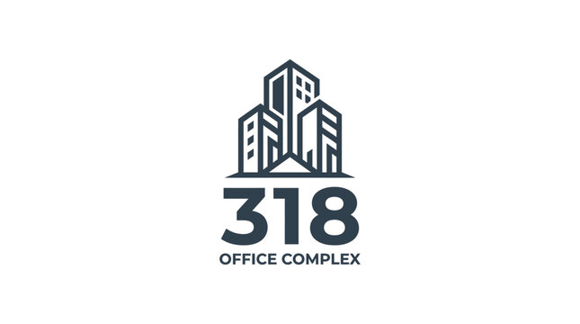 Modern corporate office complex logo with stylized geometric building design. Prominent '318' number and 'Office Complex' text for business and real estate branding