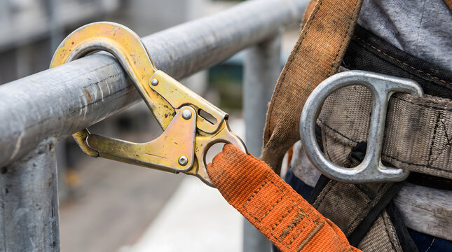 Close-Up of Safety Lanyard Snap Hook Attached to Metal Railing