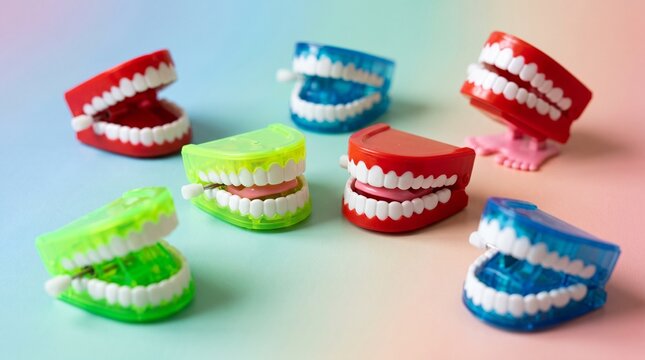 A collection of colorful wind-up chattering teeth toys scattered on a pastel gradient background, showcasing various vibrant shades of red, blue, and green.
