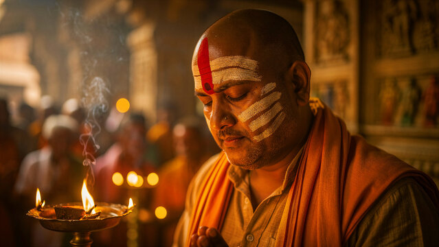 Hindu priest with tilak praying in a temple with a burning oil lamp. Devout man performing a ritual amidst incense smoke. Religious devotion concept, ideal for Indian culture and spirituality.