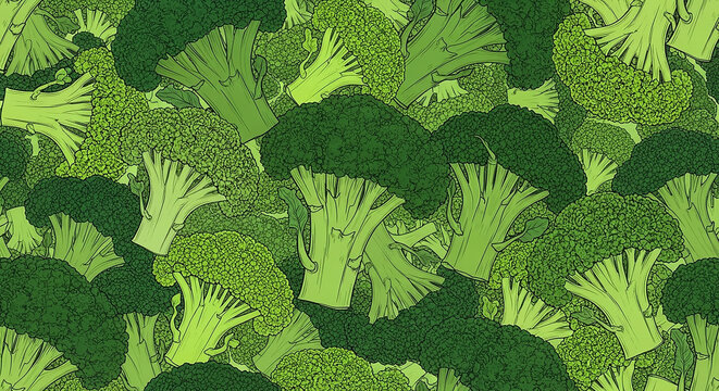 Top view illustration of fresh green broccoli florets arranged in circular pattern