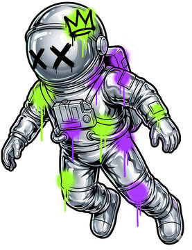 A metallic astronaut mascot with graffiti crown clipart illustration on transparent background delivers a trendy urban streetwear branding element for modern youth apparel merchandise prints.