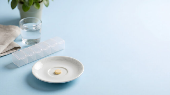 Yellow medication pill on white saucer with water glass and pillbox copy space