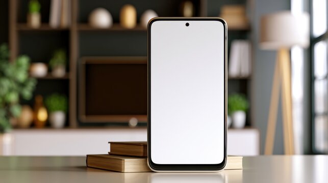 Modern smartphone with blank white screen standing on wooden surface with blurred interior background for technology or mobile application design